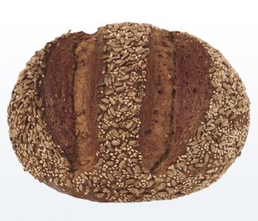 Vollkornsonne – Bäckerei Zum Kirchbäck Burgstädt Ovales, dunkles Brot mit zwei Einschnitten, bestreut mit Sonnenblumenkernen und Sesam