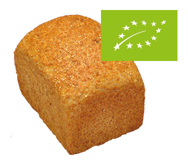 Bio-Dinkelbrot – Zum Kirchbäck Burgstädt Helles Kastenbrot mit Dinkelschrot auf der Kruste, Bio-Siegel in der rechten oberen Ecke des Bildes
